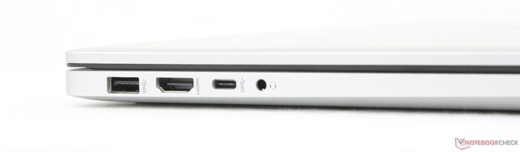 Links: USB-A (5 Gbps), HDMI 1.4b, USB-C (10 Gbps) w/ DisplayPort 1.4 + Power Delivery 3.1, 3,5 mm headset