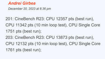Cinebench R23 benchmark resultaten voor (201) en na (203) de BIOS update (bron: UltrabookReview)