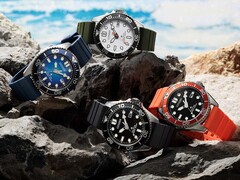 Vier Citizen Promaster Marine-duikhorloges in de kleuren wit, zwart, blauw en oranje, tentoongesteld op rotsen aan de kust.