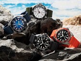 Vier Citizen Promaster Marine-duikhorloges in de kleuren wit, zwart, blauw en oranje, tentoongesteld op rotsen aan de kust.