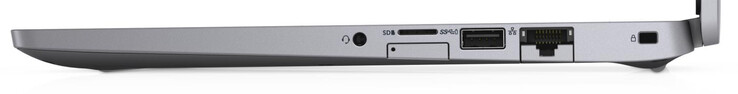 Rechterzijde: combo-audio, SIM-kaartgleuf, geheugenkaartlezer (MicroSD), USB 3.2 Gen 1 (Type-A), Gigabit Ethernet, kabel-slotgleuf