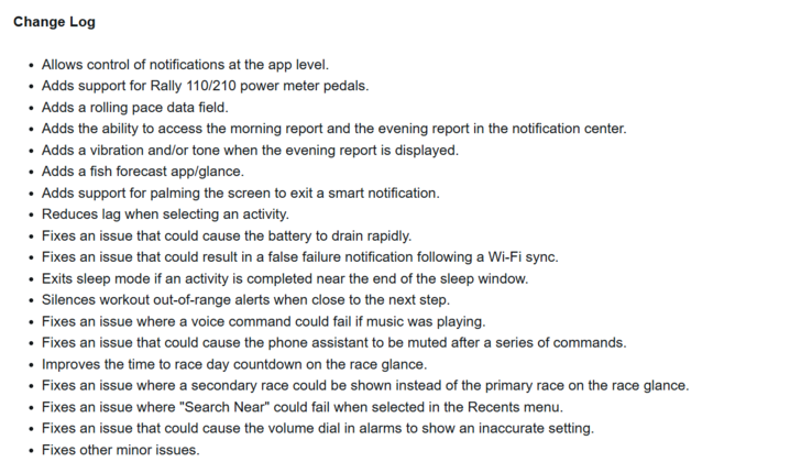 De release notes voor bètaversie 15.05 voor de Garmin Forerunner 570 en Forerunner 970 smartwatches. (Afbeelding bron: Garmin)