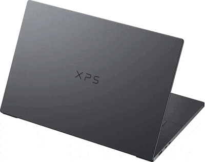 Dell XPS 16 van achteren weergegeven met zijn donkere afwerking en XPS-logo