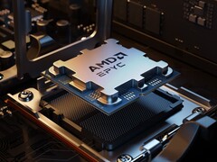 Een AMD Epyc serverprocessor in zijn socket.