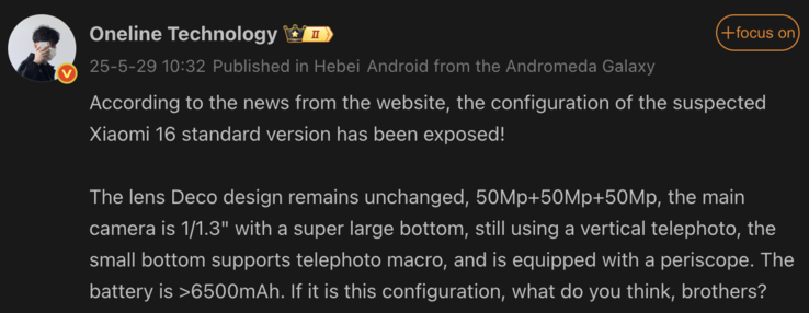 Uitgelekte details van de Xiaomi 16. (Afb. bron: Weibo - machine vertaald)