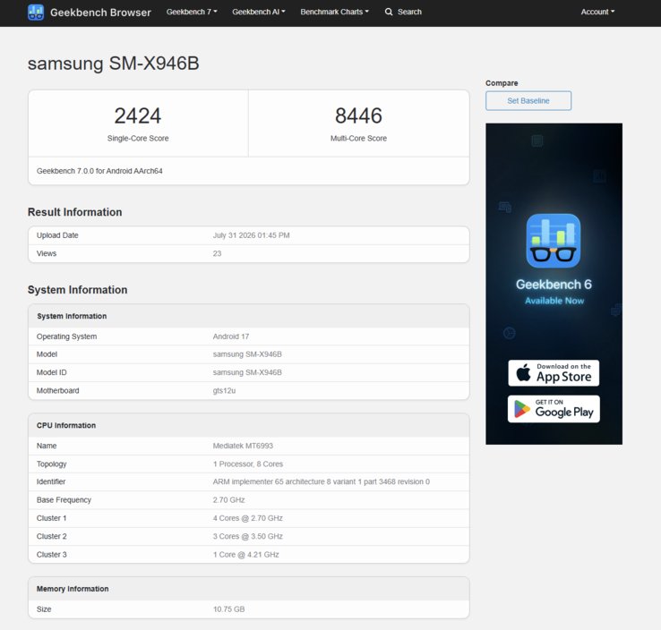 De MediaTek Dimensity 9500 in het toestel scoort 2.424 in single-core-tests en 8.446 in multi-core-tests, met 12 GB RAM in het geteste toestel.