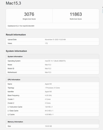 Apple M3 in een Geekbench 6.2 run. (Bron: Geekbench)