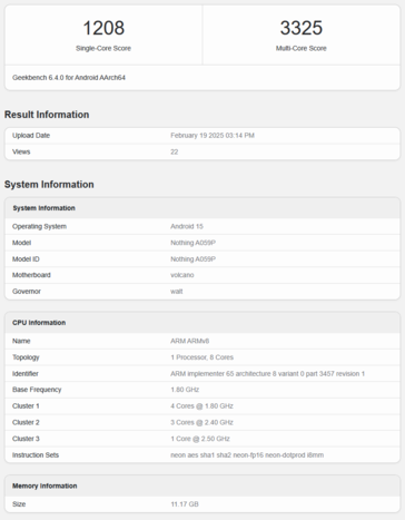 Nothing Phone 3a Pro Geekbench listing (afbeeldingsbron: Geekbench)