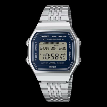 Casio ABL-100WE-2A met een marineblauwe wijzerplaat en een zilverkleurige kast.