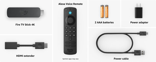 Alle drie de streaming sticks worden geleverd met een HDMI-extender, voedingsadapter en batterijen voor de afstandsbediening. (Afbeeldingsbron: Amazon)