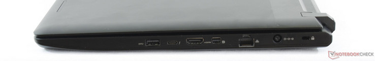 Rechts: USB 3.0, Thunderbolt 3, HDMI 2.0b, mDP 1.4, Gigabit Ethernet, AC-voeding, Kensington Lock