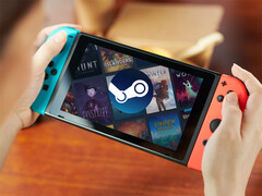 Proton 11.0-Beta 1 is nu beschikbaar. Afgebeeld: een bewerkte promofoto van de Switch 1 met Steam.