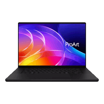 Asus ProArt P16 van voren getoond met het scherm en toetsenbord zichtbaar