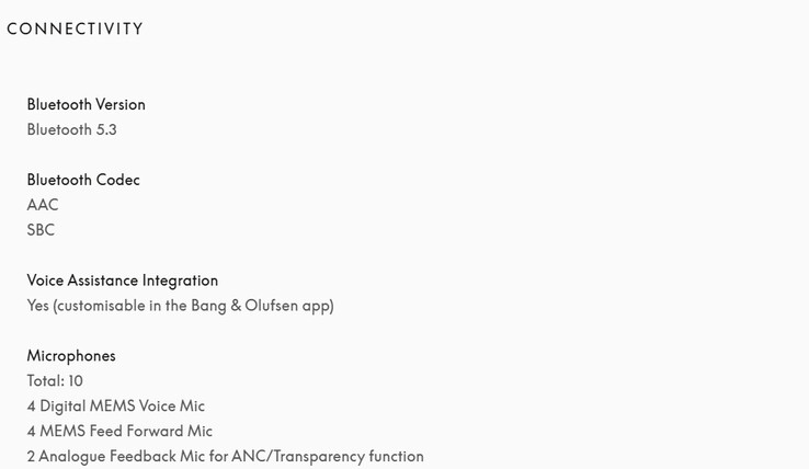 Op de productpagina van Bang &amp; Olufsen in de VS staat nu alleen AAC- en SBC-ondersteuning. (Afbeeldingsbron: Bang &amp; Olufsen)