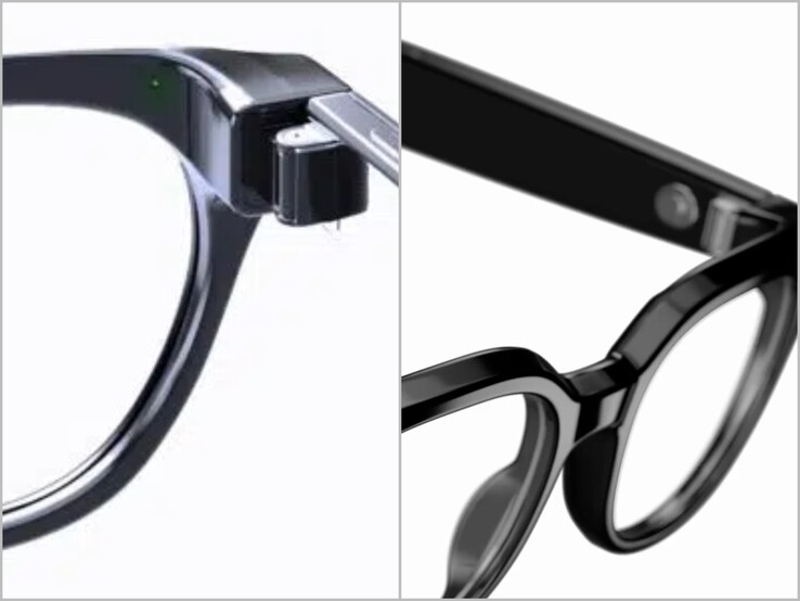 LED-indicator aan de binnenkant van het montuur (links) en een close-up van de Warby Parker- Galaxy -bril.