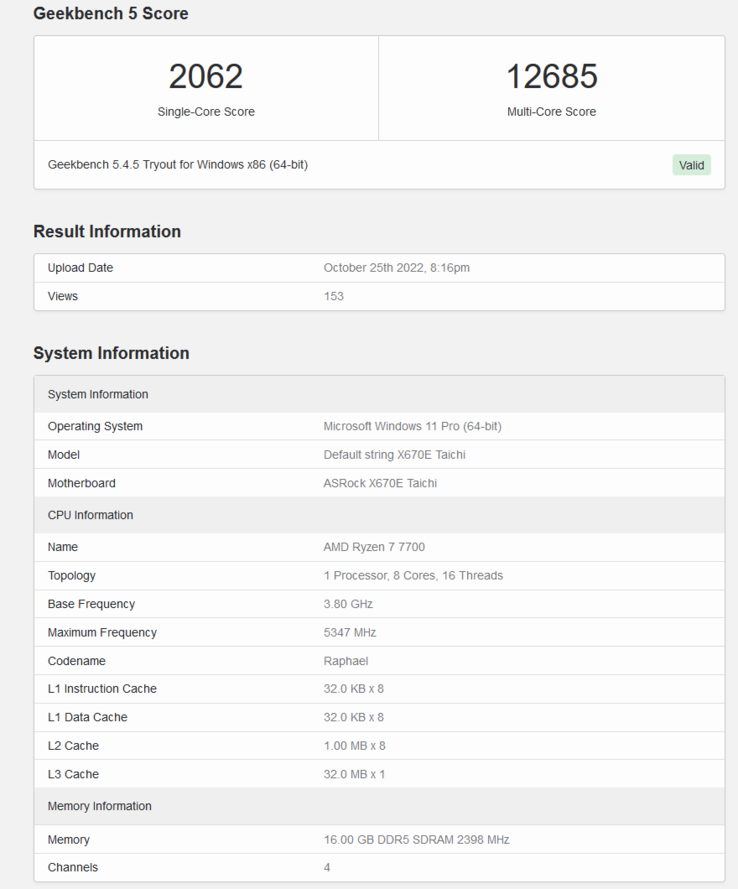 AMD Ryzen 7 7700 Geekbench notering (afbeelding via Geekbench)