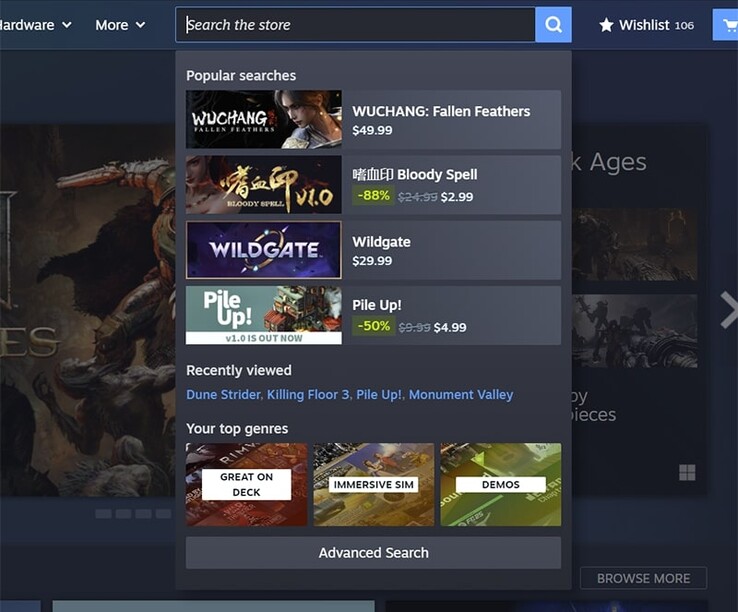 De nieuwe zoekfunctie toont nu ook populaire zoekopdrachten van andere gebruikers. (Afbeeldingsbron: Steam)