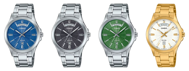 Van links naar rechts: de Casio MTP-1381D-2AV, MTP-1381D-3AV, MTP-1381D-8AV en MTP-1381GD-7AV. (Afbeeldingsbron: Casio)