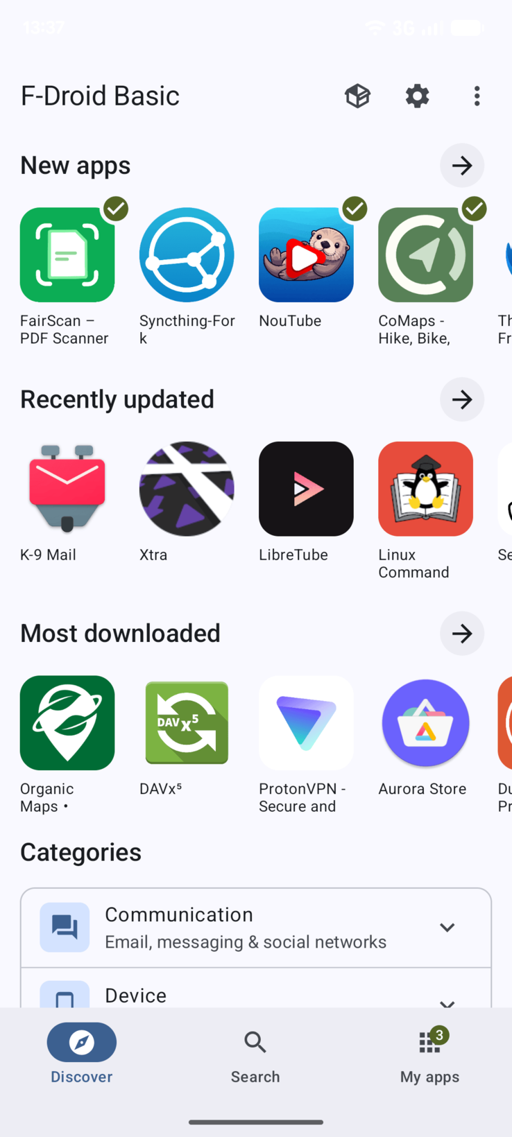 Vernieuwde interface van de F-droid-app