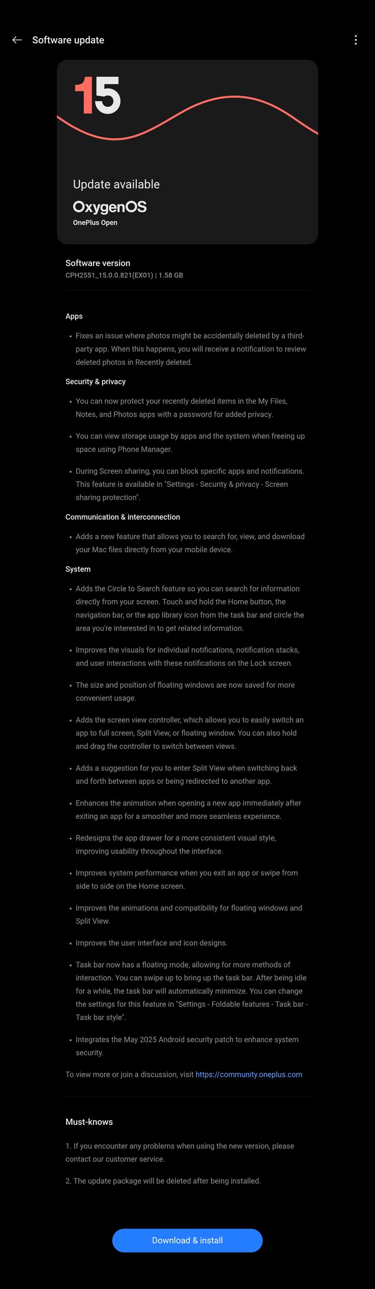 De volledige OxygenOS 15.0.0.821 changelog. (Bron: OnePlus)
