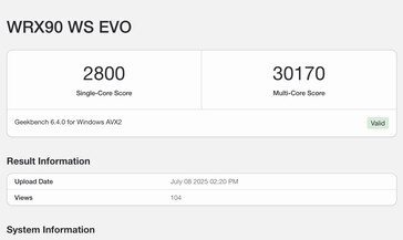 Geekbench notering voor de Ryzen Threadripper PRO 9995WX. (Afbeeldingsbron: Geekbench)
