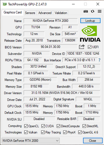 Hardwareprofiel van de GTX 2080. (Bron: ascandence22 op Reddit)