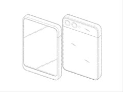 De vermeende oprolbare telefoon van Samsung zou verticaal uitklappen, zoals te zien is in een gerapporteerde patentaanvraag. (Afbeeldingsbron: DomoAI en xleaks7)