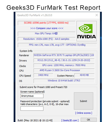 51Risc RTX 3070 TiM GPU - FurMark testrapport. (Beeldbron: Aliexpress)