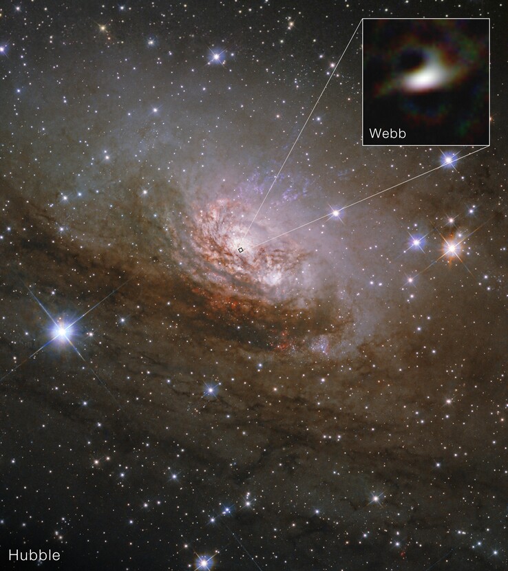 Een afbeelding van Hubble's opname van het Circinus-melkwegstelsel en Webb's opname van de kern ervan (Afbeeldingsbron: diverse - zie bronnen)