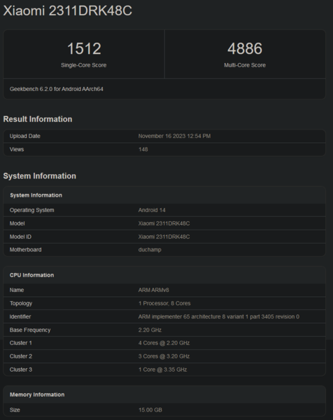 Dimensity 8300 Geekbench score (afbeelding via Geekbench)