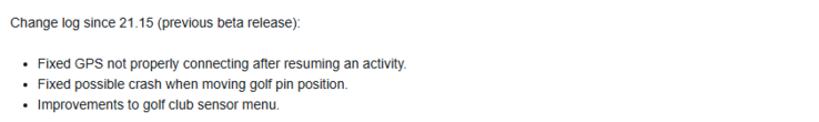 De release notes voor de bètaversie 21.15 update voor de Garmin Fenix 7 smartwatch. (Afbeelding bron: Garmin)