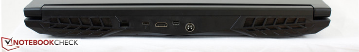 Achterkant: Gigabit Ethernet, USB Type-C + Thunderbolt 3, HDMI 2.0, mDP 1.2, AC adapter