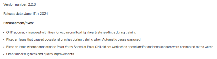 De release notes voor firmwareversie 2.2.3. (Afbeeldingsbron: Polar)