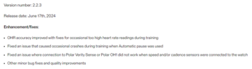De release notes voor firmwareversie 2.2.3. (Afbeeldingsbron: Polar)