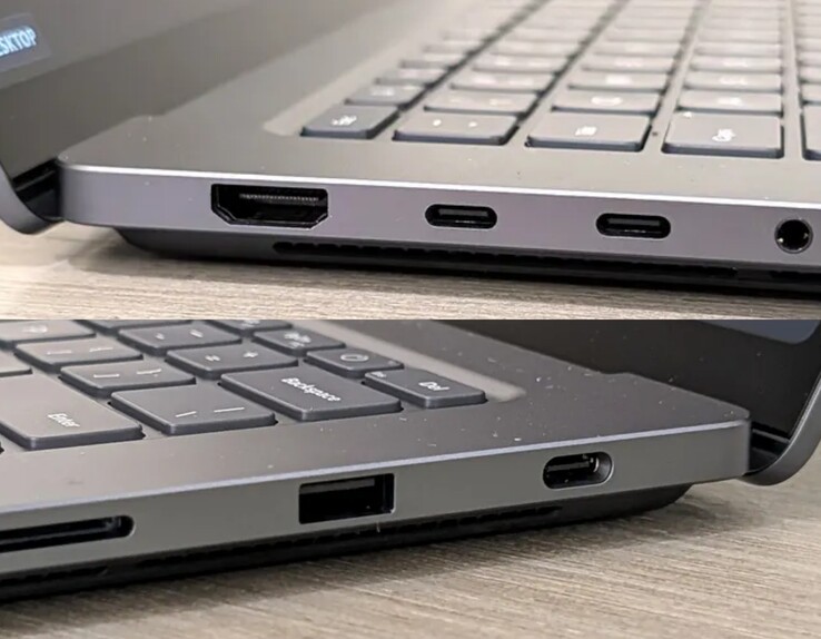 De USB-C poort aan de rechterkant van de Surface Laptop Ultra is zichtbaar groter dan de USB-C poorten aan de linkerkant.