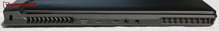 Linkerkant: Kensington, Mini DP, Thunderbolt 3, USB-C 3.1 Gen2, koptelefoon, microfoon