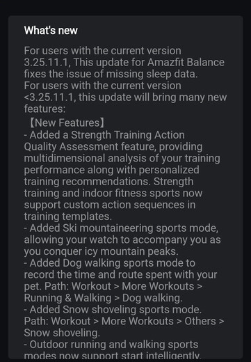 Het veranderingslogboek voor softwareversie 3.25.12.3 voor de Amazfit Balance smartwatch. (Afbeeldingsbron: u/SabretoothPenguin via Reddit)