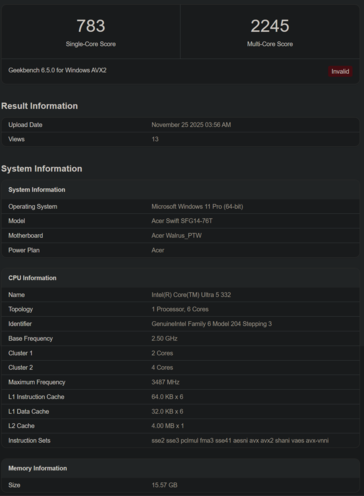 Intel Core Ultra 5 332 Geekbench notering (bron: Geekbench)