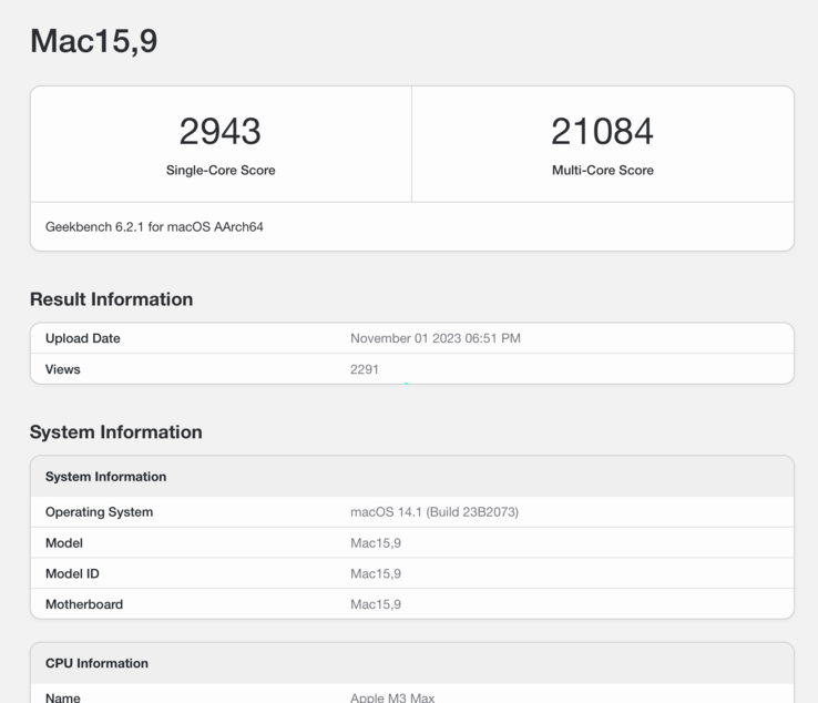 Applede M3 Max presteert bewonderenswaardig in de Geekbench 6 benchmark. (Bron : Geekbench 6)