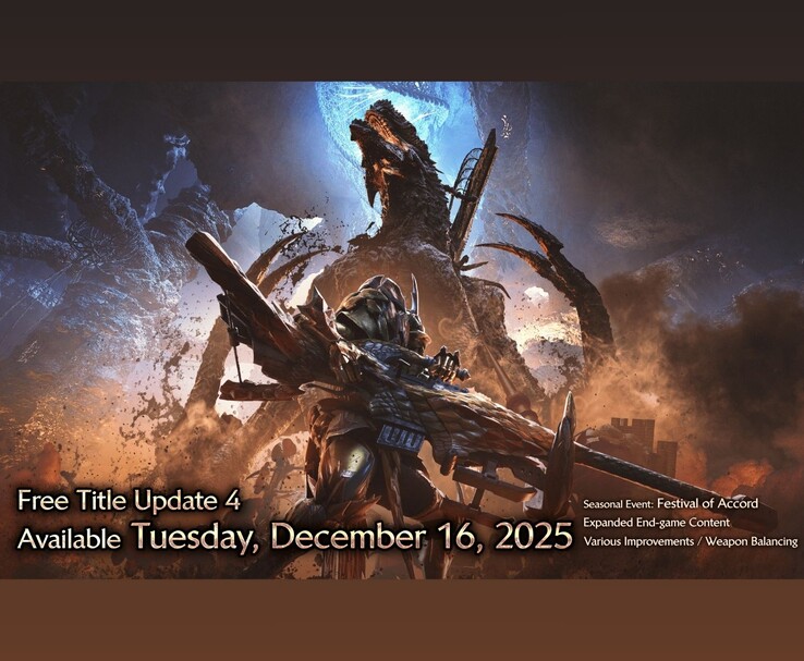 Promotie-illustraties voor Monster Hunter Wilds met Free Title Update 4 die op 16 december 2025 uitkomt, met het Festival of Accord-evenement en andere updates (Afbeelding bron: Capcom)