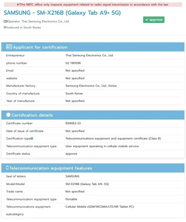 De Tab A9-serie passeert de NBTC...