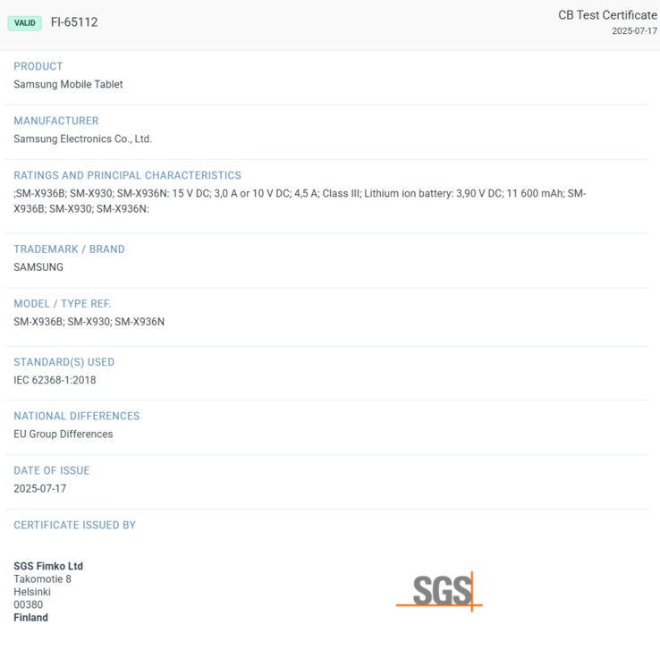 SGS Fimko certificeert het volgende vlaggenschip van Samsung voor grotendeels ongewijzigde batterij- en oplaadspecificaties. (Bron: SGS Fimko via XpertPick)
