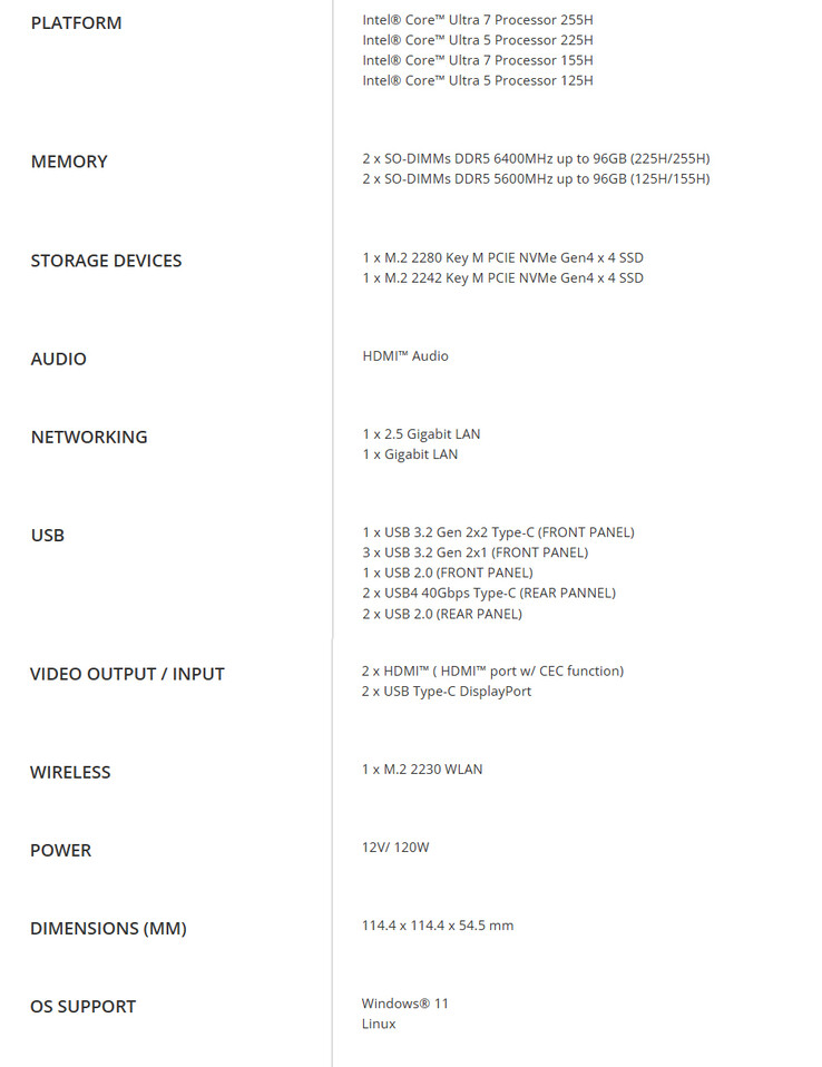 Specificaties van de mini PC (Afbeelding bron: ECS)