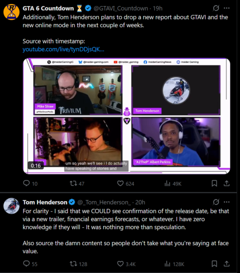 Tom Henderson X antwoord over GTA 6 nieuws (Afbeelding bron: screenshot, GTA 6 Countdown X account, Tom Henderson X account)