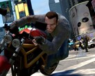 Een afbeelding uit GTA IV, waarop Niko Bellic op een rode motor te zien is. (Afb.bron: Steam) 