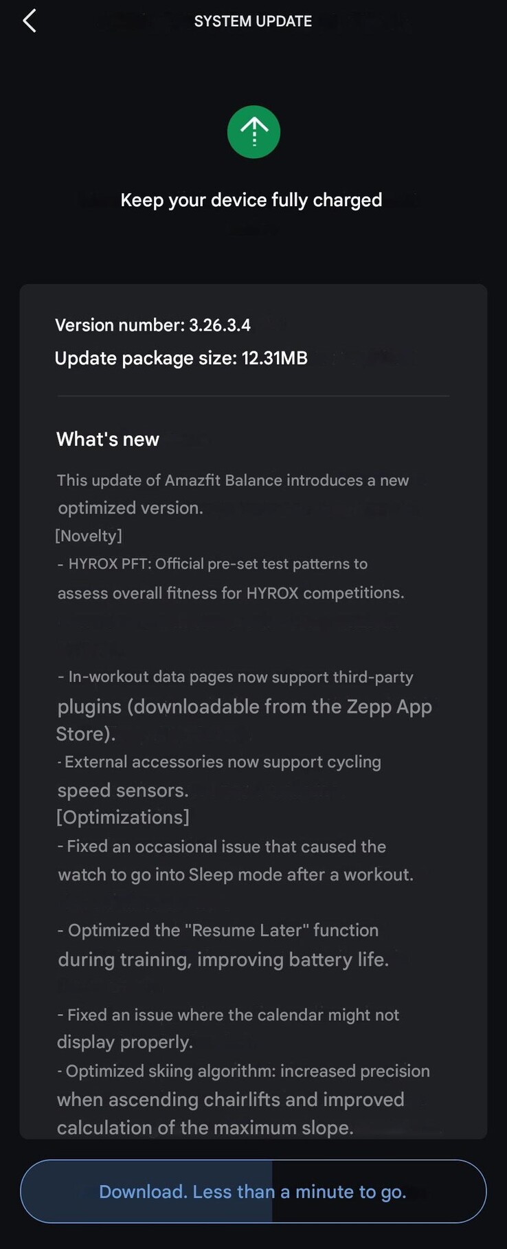 De release notes voor versie 3.26.3.4 voor de Amazfit Balance smartwatch. (Afbeelding bron: u/SensitiveClock3479 via Reddit, machine vertaald)