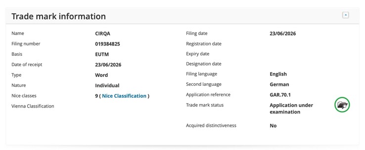 Garmin CIRQA-octrooi nr. 019384825 bij het Europees Bureau voor intellectuele eigendom (EUIPO)
