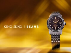 Het King Seiko x Beams SDKA025 horloge, afgebeeld tegen een gestileerde geeloranje achtergrond. (Afbeeldingsbron: PR Times JP)