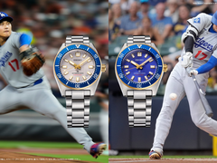 Afgebeeld - de Seiko Prospex SBDC222 en SBDC224 afgebeeld tegen twee foto's van Shohei Ohtani.