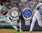 Afgebeeld - de Seiko Prospex SBDC222 en SBDC224 afgebeeld tegen twee foto's van Shohei Ohtani.